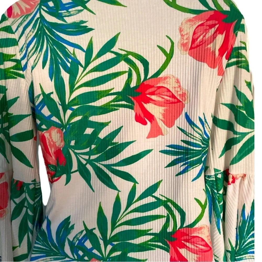 Boston Proper Bell Sleeved Floral Top - S white green orange , poly spandex